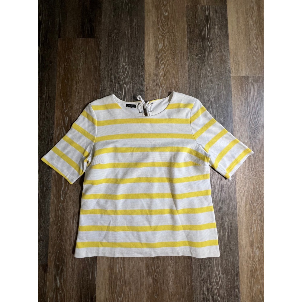 Talbots Striped Top Womens L Yellow White Excellent Lace Up Back Short Sleeve